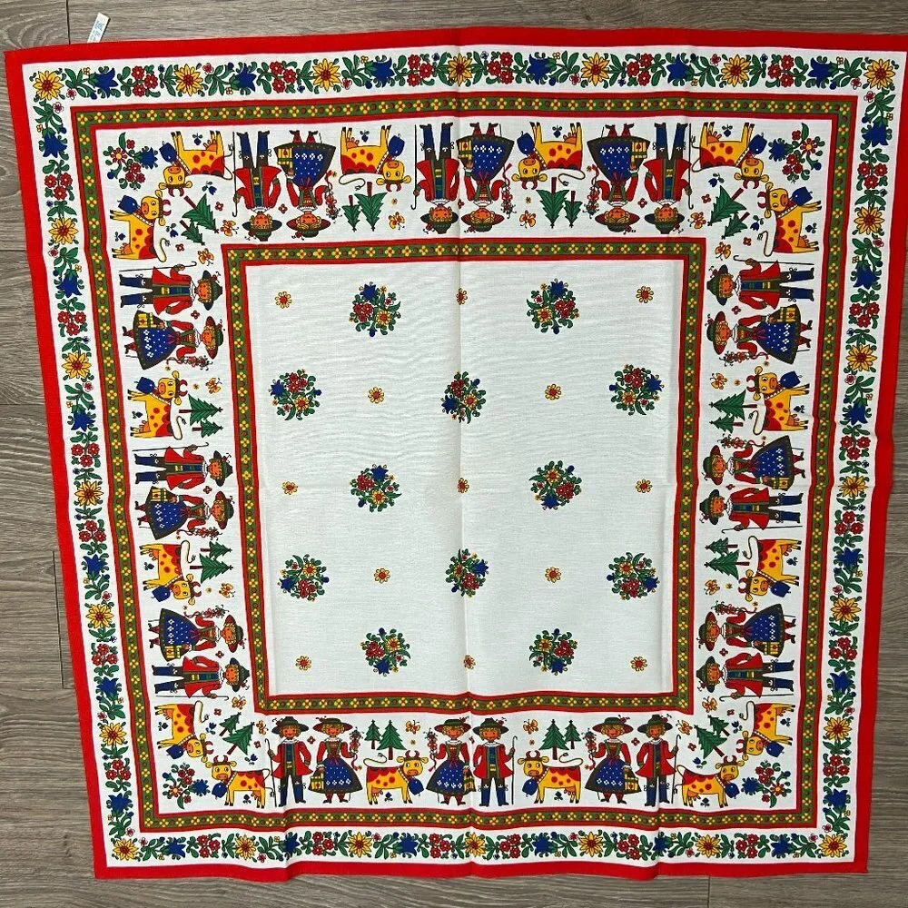 NWOT Vintage Tablecloth Austrian German Folk Art Green Red Square Bright Festive